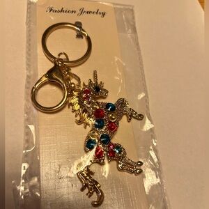 Gold Unicorn Keychain with Colorful Gems blue and red crystals Bagcharm